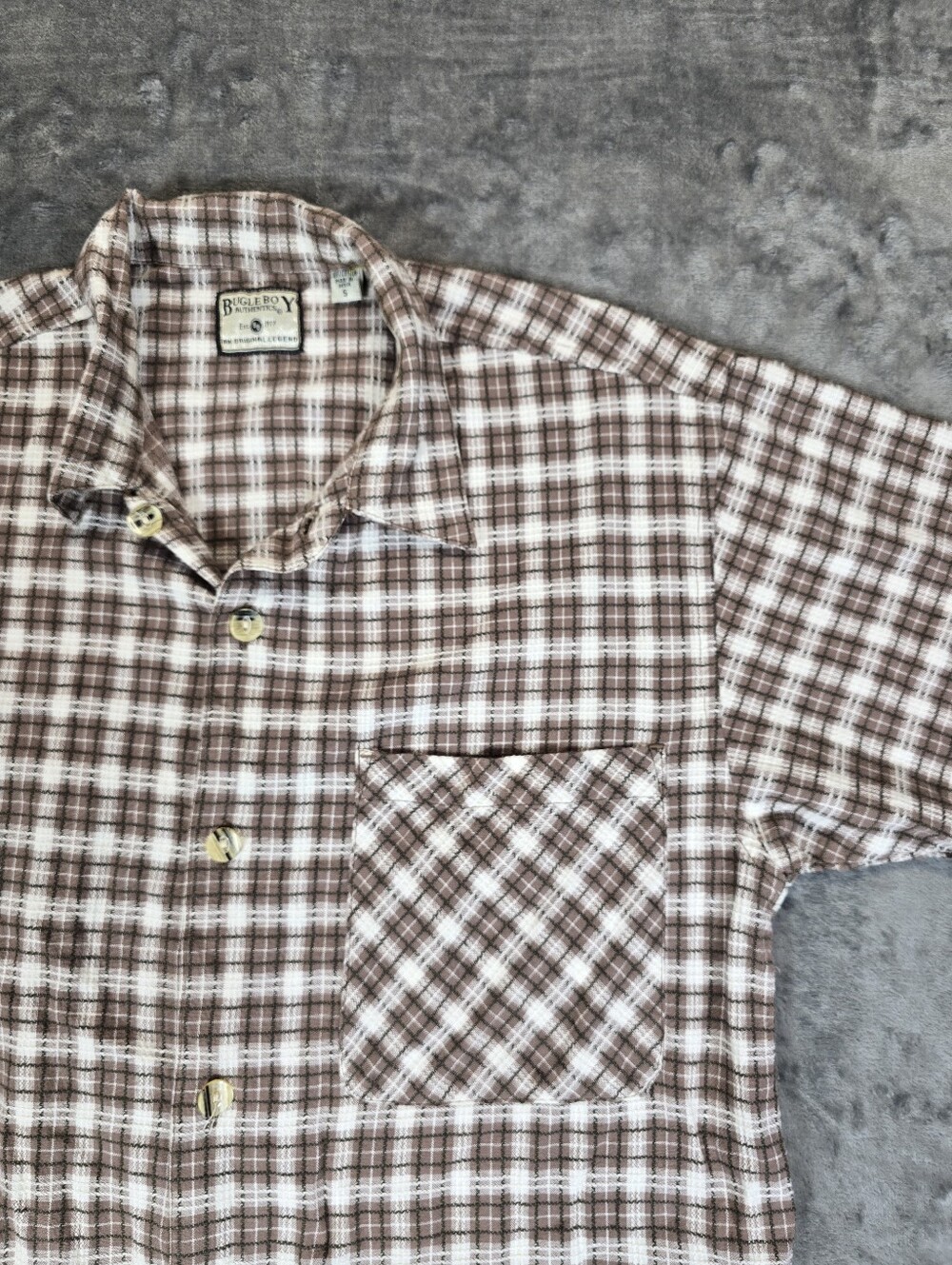 Vintage Bugle Boy Plaid Button Up Shirt Size Small Brown White